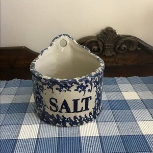 Blue spatter ware salt crock